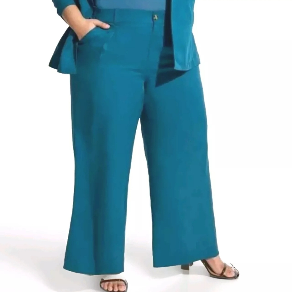 Torrid Wide Leg Linen Trouser Pants Woman Plus 4X 26W Short Blue High Waisted